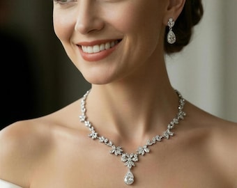 Swarovski Teardrop Flower Bridal Necklace Set, Platinum, Simulated Diamonds, Mother of the Bride