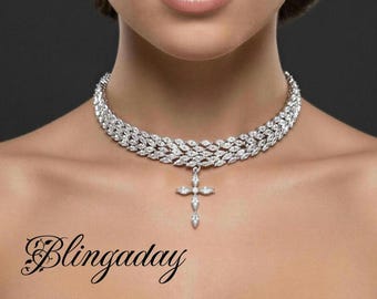 Swarovski diamond cross choker necklace. Bridal. Gala. Wedding guest.