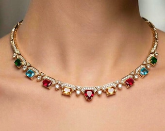 Multi-Colored cubic zirconium Necklace Set in Gold: Mother of the Bride. Gala. Party. Special Event.