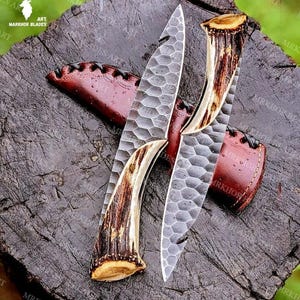 Pair of 2 Knives Handmade Damascus Steel Hunting Knife Set: Stag Horn Handle, Full Tang, 12 Inch Skinning Knife with Leather Sheath For Men