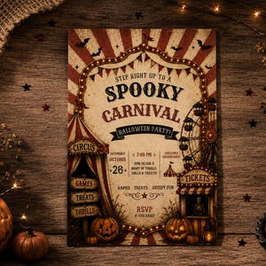 Könnte beinhalten: Eine rechteckige Halloween-Partyeinladung im Vintage-Zirkus-Stil mit rot-cremefarbenen Streifen, einem Riesenrad, einem Zirkuszelt und Kürbissen. Der Text lautet: Step Right Up To A Spooky Carnival Halloween Party.