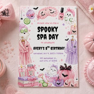 May include: A rectangular invitation card for a Spooky Spa Day 8th birthday party. The design features watercolour illustrations of ghosts, pink and purple bathrobes, pumpkins, candles, and spa items. Text reads: SPOOKY SPA DAY, AVERY'S 8TH BIRTHDAY.
