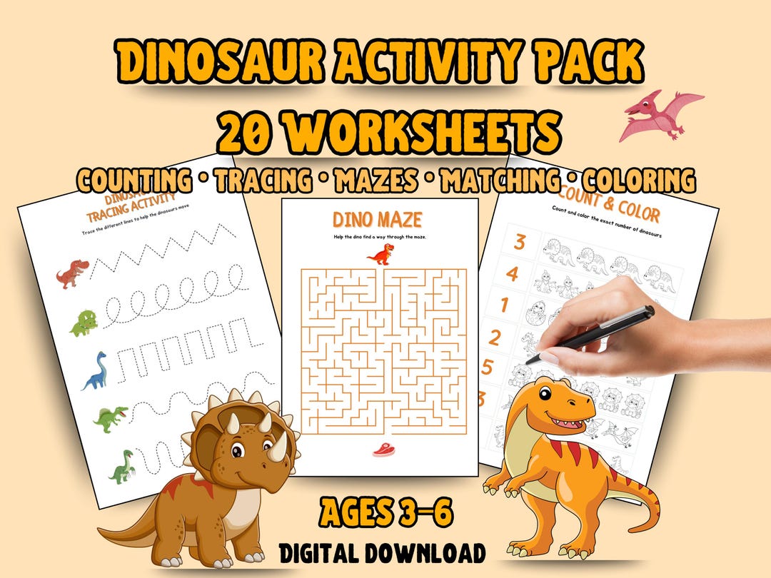 Dinosaur Activity Pack: 20 Printable Worksheets for Kids (PDF) - Etsy