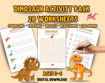 Dinosaur Activity Pack: 20 Printable Worksheets for Kids (PDF)