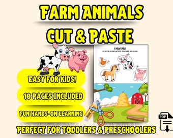 Attività di ritaglio e incollaggio di animali da fattoria / Abilità con le forbici per bambini (PDF stampabile)