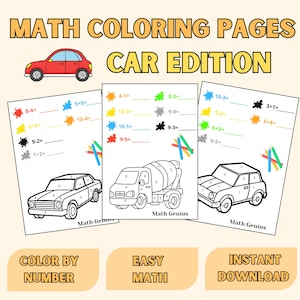 Mathe Ausmalbilder Auto Edition | Spaß druckbare Lernarbeitsblätter für Kinder | Lösen & ausmalen