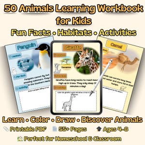 以下が含まれることがあります： 「50 Animals Learning Workbook for Kids」というタイトルの子供向けワークブック。ペンギン、キリン、ラクダなど、動物の事実とアクティビティが表示されたタブレットの画像。ワークブックには、楽しい事実、生息地、アクティビティが含まれています。