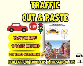 Cut and Paste Traffic Activities for Preschool | Vehicles Scissor Skills | 10 Pages Printable