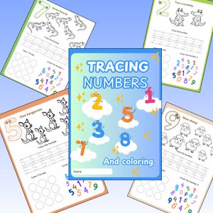 May include: A set of educational worksheets for children, featuring tracing numbers and coloring activities. The cover of the booklet reads "Tracing Numbers and coloring" with colorful numbers and cloud illustrations. Other pages show animals and number tracing.