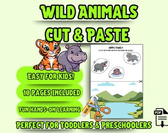 Wild Animals Cut and Paste Activities for Preschool | 10 Pages Printable Scissor Skills Workbook