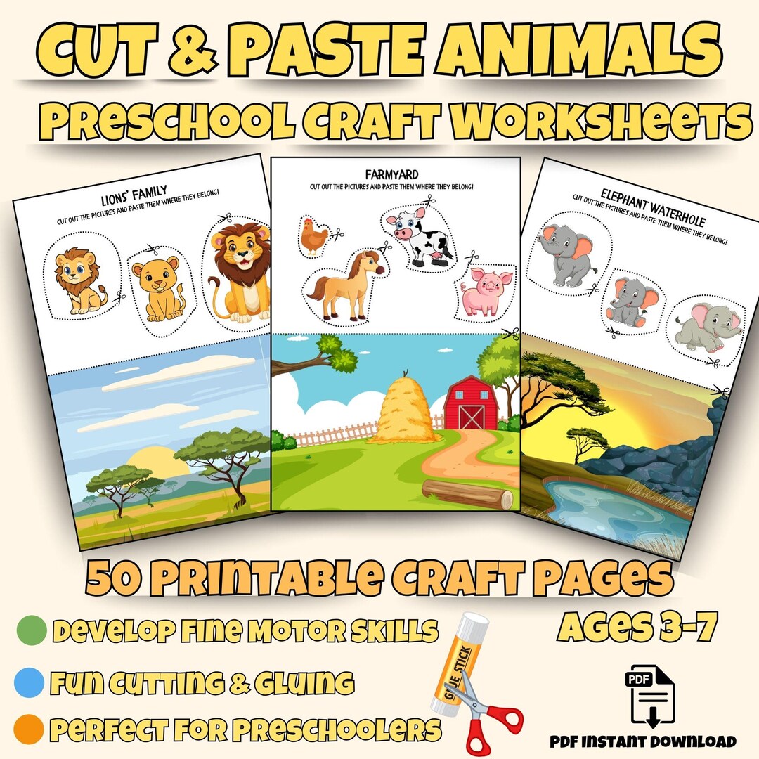 Animal Cut and Paste Activity Pack | 50 Pages | Scissor Skills Workbook ...