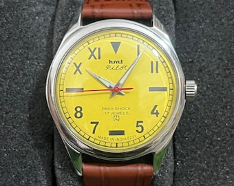 hmt Pilot Handaufzug Mechanische Armbanduhr für Männer gelbes Ziffernblatt Lederband