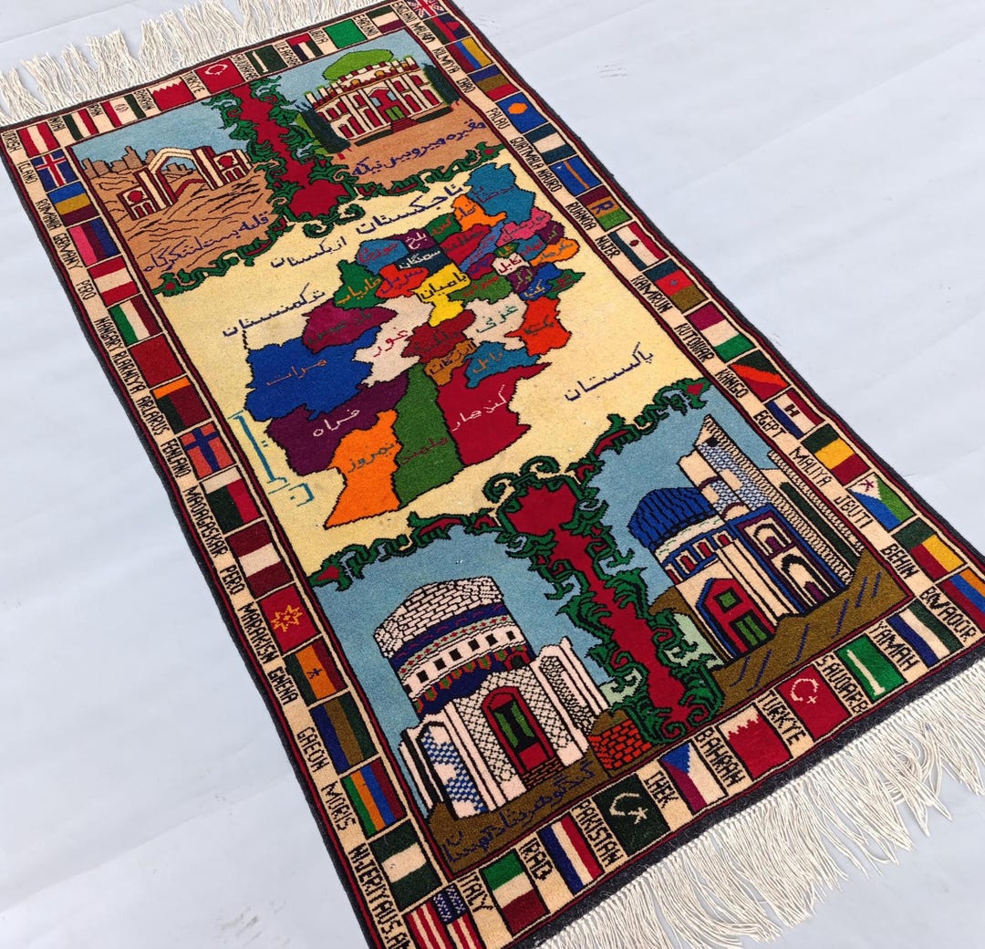 Handwoven Afghan Pictorial Map Rug – Architectural Landmarks, World ...