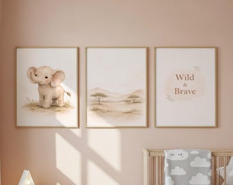 Conjunto de láminas decorativas para la habitación infantil con temática de safari: Elefante bebé, paisaje de sabana, láminas de animales salvajes y valientes.
