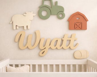 Letrero de madera personalizado con temática de granja, decoración para habitación infantil estilo rancho, arte de pared con el nombre del bebé