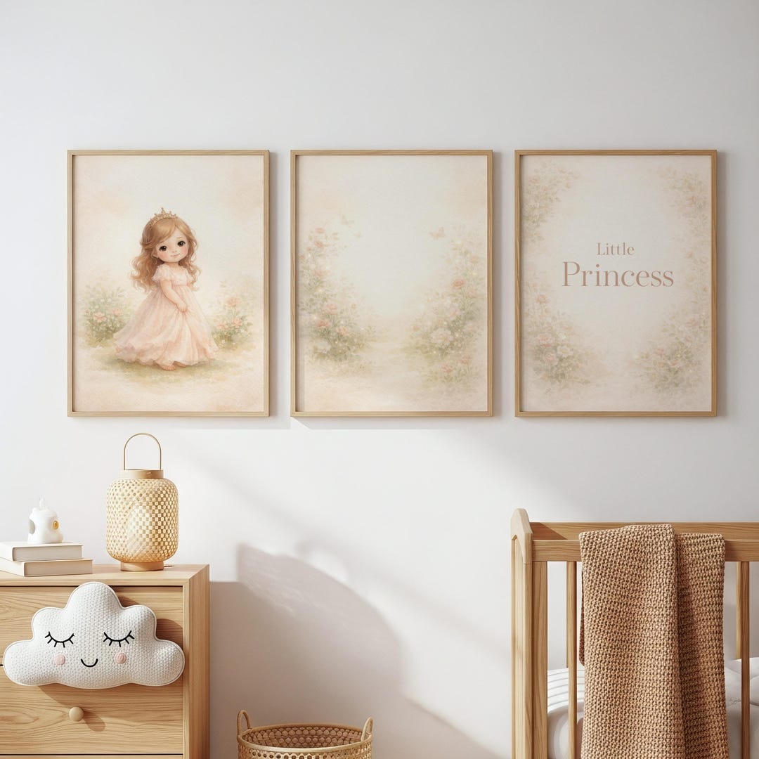 Set of 3 Princess Nursery Wall Art, Watercolor Floral Prints, Baby Girl ...