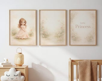 Conjunto de 3 láminas decorativas para la habitación infantil con temática de princesas, estampados florales en acuarela, decoración para bebé niña.