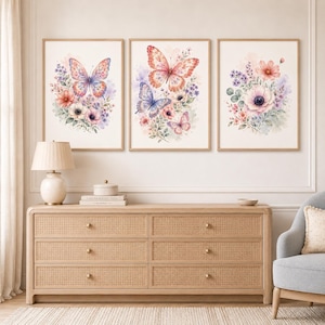 Watercolor Butterfly Floral Wall Art Set, Girls Bedroom Decor (3 Prints)