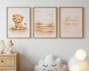 Juego de 3 láminas decorativas de leones para la habitación del bebé, decoración de safari para la habitación del niño, láminas neutras para la habitación del bebé, frase "Rugido pequeño", decoración de pared de la jungla para la habitación del bebé