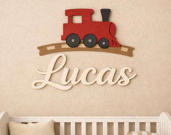 Letrero de madera personalizado con nombre, decoración infantil con temática de trenes, arte de pared para bebé niño.