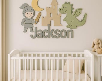 Letrero de madera personalizado con nombre de caballero y dragón – Decoración infantil