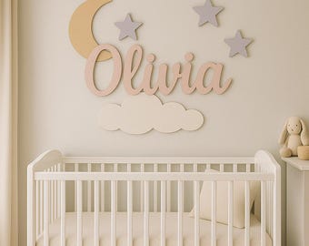 Letrero con nombre para habitación infantil con diseño de luna y estrellas: madera de abedul báltico personalizada