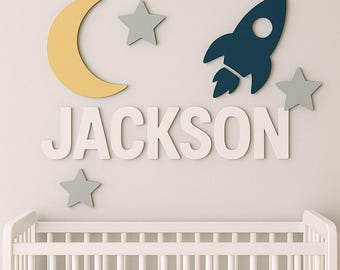 Personalized Rocket Nursery Name Sign • 3D Wooden Kids Wall Decor