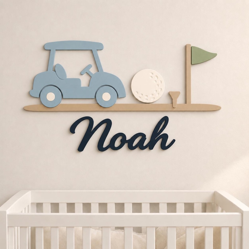 Golf Nursery Name Sign • Newborn Name Sign • Golf Nursery Decor • Personalized Wooden Baby Name Sign • Golf Cart Wall Art Boy Room Design #4