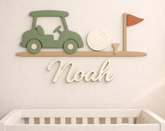 Letrero de nombre para habitación infantil con temática de golf • Letrero de nombre para recién nacido • Decoración para habitación infantil con temática de golf • Letrero de madera personalizado con el nombre del bebé • Decoración de pared con carrito de golf para habitación de niño