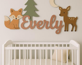 Letrero personalizado con nombre de bebé de bosque: decoración de pared de madera 3D personalizada con nombre de bebé, zorro y ciervo, decoración de habitación infantil con animales del bosque