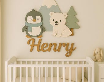 Letrero personalizado de invierno para habitación infantil: decoración de pared de madera 3D con nombre de bebé de pingüino y oso, temática de bosque de montaña, decoración personalizada para habitación infantil.
