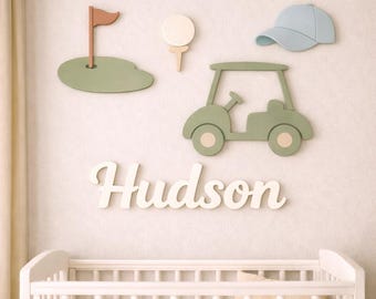 Letrero personalizado con nombre para jugar al golf, decoración de madera para la habitación del bebé, arte de pared para niño.