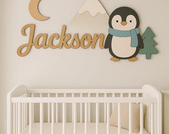 Personalized Penguin Name Sign • Wooden Winter Nursery Wall Art