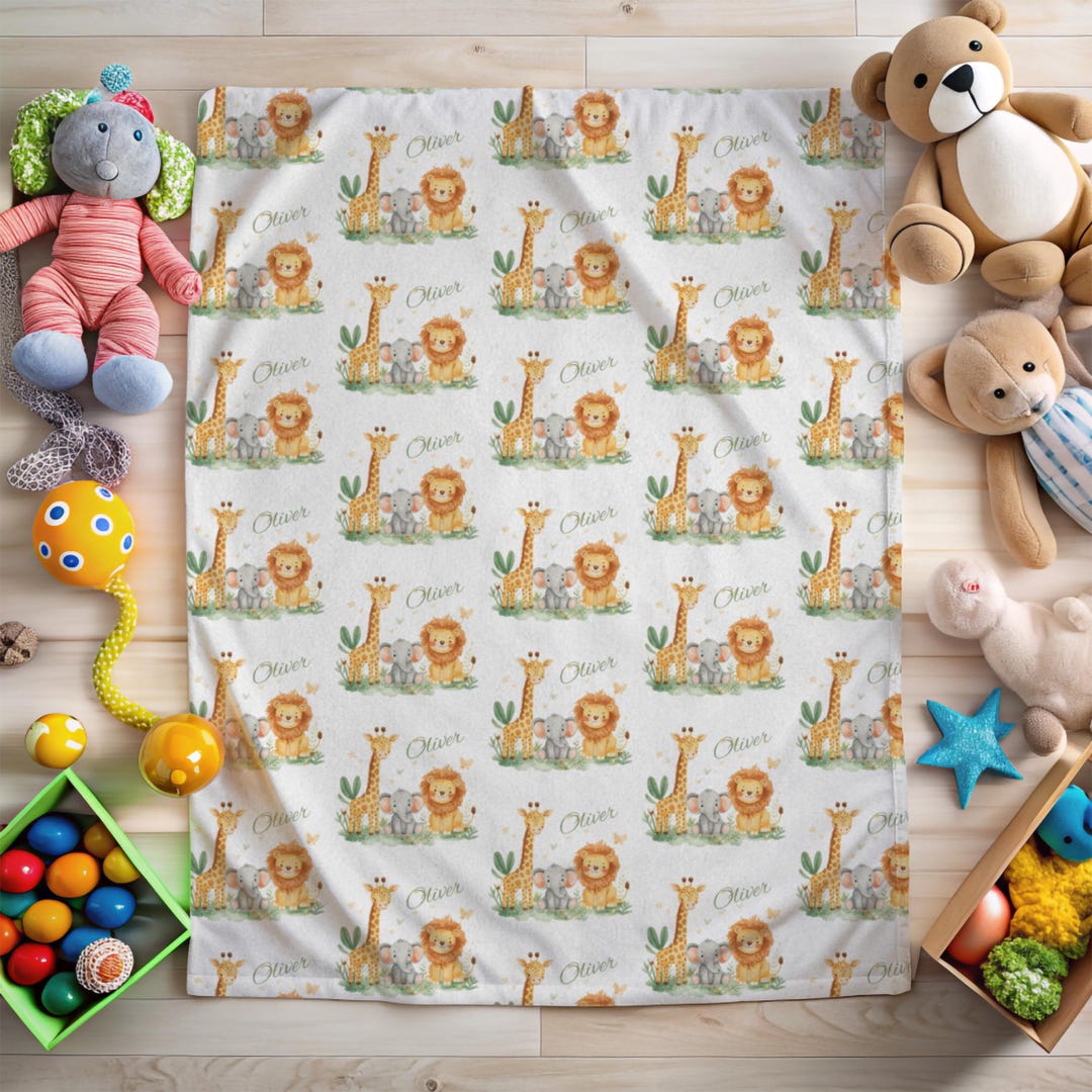 Personalized Safari Baby Blanket for Boys – Custom Name Jungle Animals ...