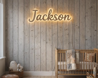 Letrero LED retroiluminado para recién nacido, letrero de madera con nombre para decoración de guardería de niño, letrero de pared personalizado con nombre de bebé, letrero luminoso con nombre, decoración rústica para guardería