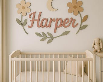 Letrero de madera personalizado con nombre, decoración de guardería con plumas estilo bohemio