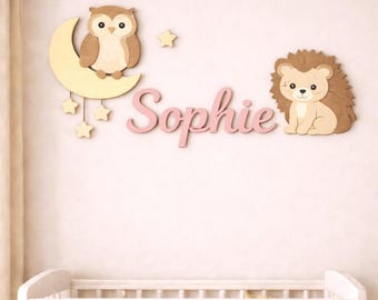 Letrero personalizado para habitación de bebé sobre cuna, decoración de pared con búho, luna y león, letrero de madera con nombre para bebé, arte de pared personalizado para habitación de bebé.