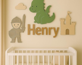 Letrero de nombre para habitación infantil con diseño de caballero y dragón, decoración de madera 3D para la habitación del bebé.