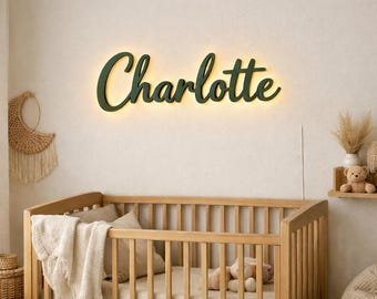 Letrero de madera personalizado con nombre, decoración infantil con retroiluminación LED para niña, arte de pared para bebé.