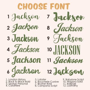 May include: A font selection chart featuring the name Jackson written in twelve distinct styles. The text is displayed in olive green against a light cream background. Each style is numbered from 1 to 12, with the corresponding font names listed below.