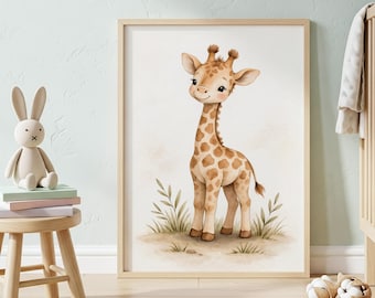 Arte de pared para guardería de jirafa bebé, decoración de habitación de bebé safari, impresión de guardería de bosque neutro, póster de jirafa para habitación infantil