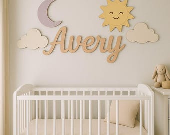 Letrero con nombre sobre la cuna, decoración de pared personalizada para guardería con sol y luna, regalo para baby shower.