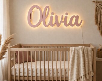 Letrero de madera personalizado con nombre, decoración para habitación infantil, arte de pared con retroiluminación LED.
