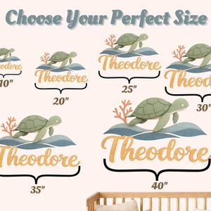 May include: A wall decor set featuring a green sea turtle, coral, and blue waves above the name Theodore in script font. Six size options are displayed with labels 10", 20", 25", 30", 35", and 40" inches, positioned above a wooden crib railing.