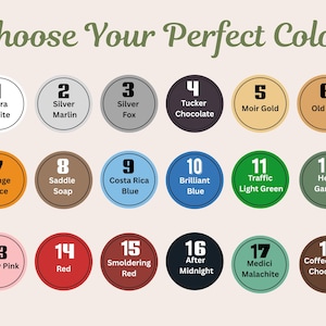 May include: A color chart featuring eighteen numbered circular swatches with corresponding names: 1 Ultra White, 2 Silver Marlin, 3 Silver Fox, 4 Tucker Chocolate, 5 Moir Gold, 6 Old Gold, 7 Orange Juice, 8 Saddle Soap, 9 Costa Rica Blue, 10 Brilliant Blue, 11 Traffic Light Green, 12 Herb Garden, 13 Pearly Pink, 14 Red, 15 Smoldering Red, 16 After Midnight, 17 Medici Malachite, and 18 Coffeehouse Chocolate.