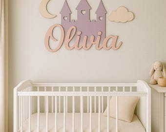 Letrero con el nombre del bebé en un castillo de cuento de hadas – Decoración personalizada para la pared de la habitación del bebé