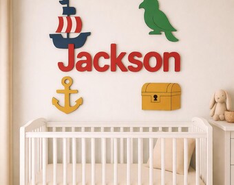 Letrero personalizado con nombre para habitación infantil sobre cuna, decoración de pared con barco pirata, letrero náutico con nombre para bebé, arte de pared de madera para habitación infantil.