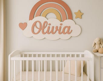 Letrero personalizado con nombre de nube arcoíris, decoración de madera 3D para guardería