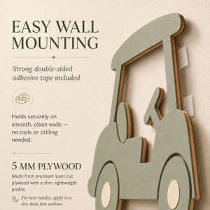 May include: A sage green laser-cut plywood golf cart wall decoration with a 5 mm profile. The text reads EASY WALL MOUNTING, Strong double-sided adhesive tape included, Holds securely on smooth, clean walls, and 5 MM PLYWOOD.