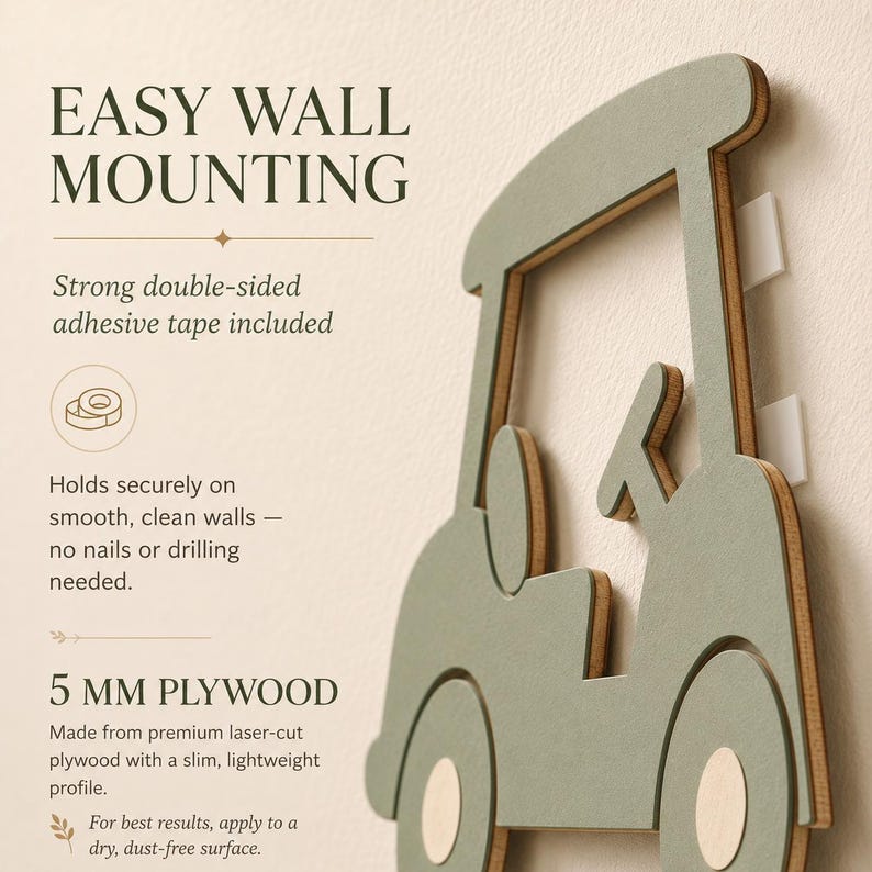 May include: A sage green laser-cut plywood golf cart wall decoration with a 5 mm profile. The text reads EASY WALL MOUNTING, Strong double-sided adhesive tape included, Holds securely on smooth, clean walls, and 5 MM PLYWOOD.
